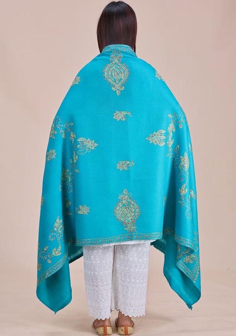 Sea Green Floral Woolen Shawls - Indya