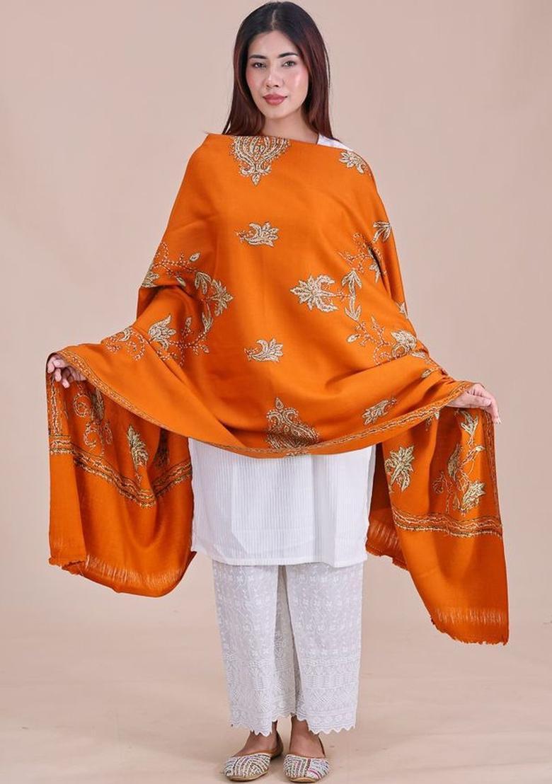 Rust Floral Woolen Shawls - Indya