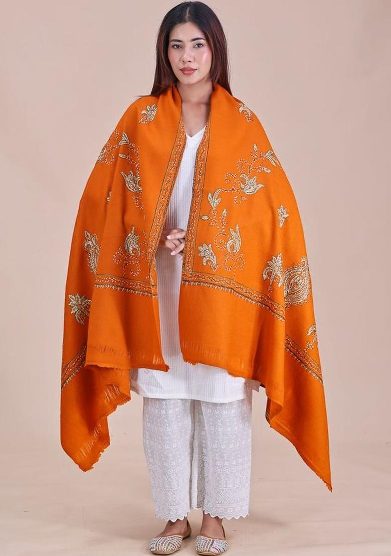 Rust Floral Woolen Shawls - Indya