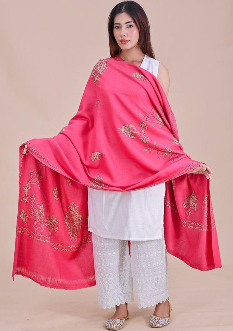 Pink Floral Woolen Shawls - Indya