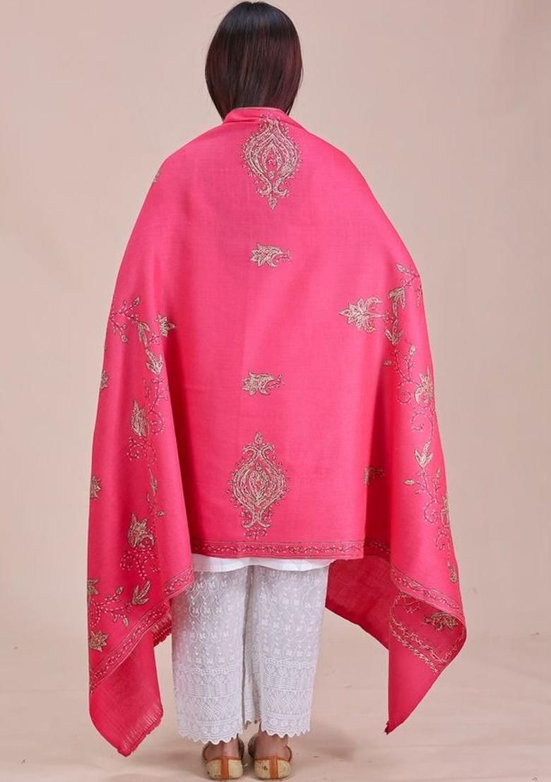 Pink Floral Woolen Shawls - Indya