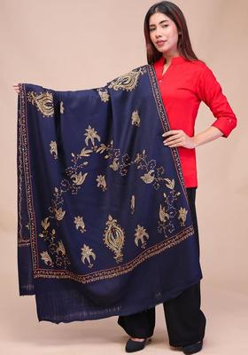 Navy Blue Floral Woolen Shawls
