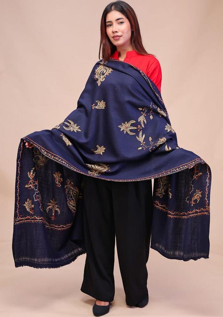 Navy Blue Floral Woolen Shawls - Indya