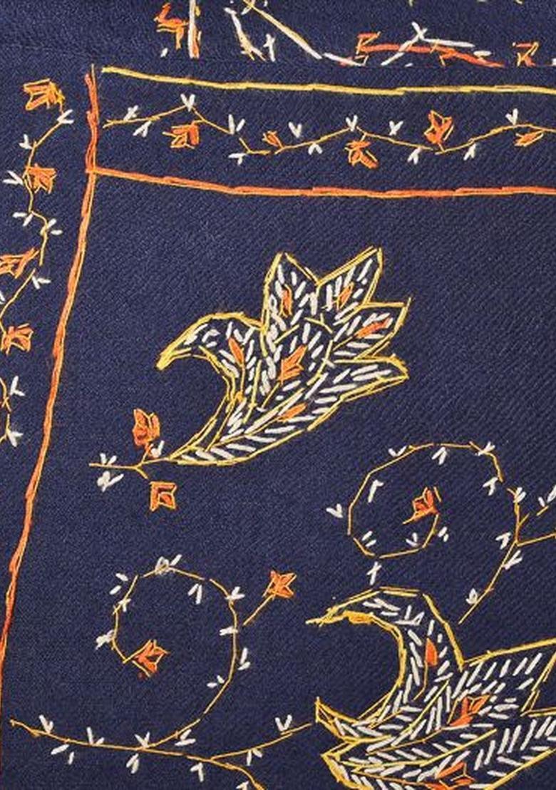 Navy Blue Floral Woolen Shawls - Indya