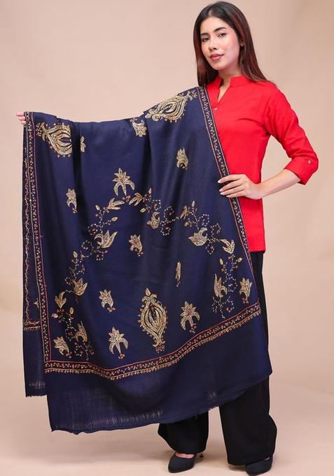 Navy Blue Floral Woolen Shawls