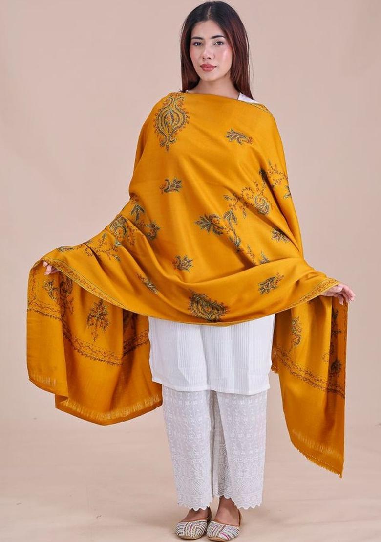 Mustard Floral Woolen Shawls - Indya