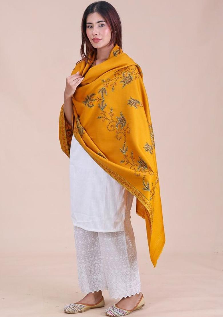 Mustard Floral Woolen Shawls - Indya