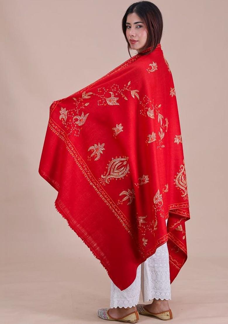 Maroon Floral Woolen Shawls - Indya