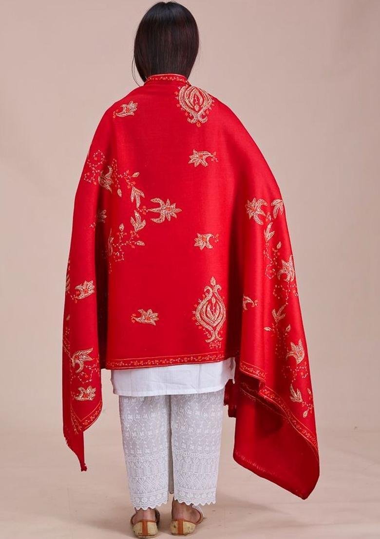 Maroon Floral Woolen Shawls - Indya