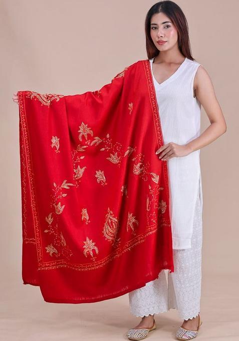 Maroon Floral Woolen Shawls