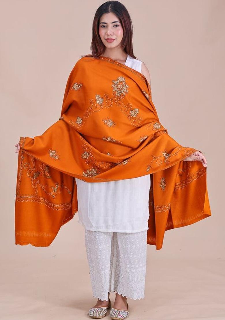 Rust Floral Woolen Shawls - Indya