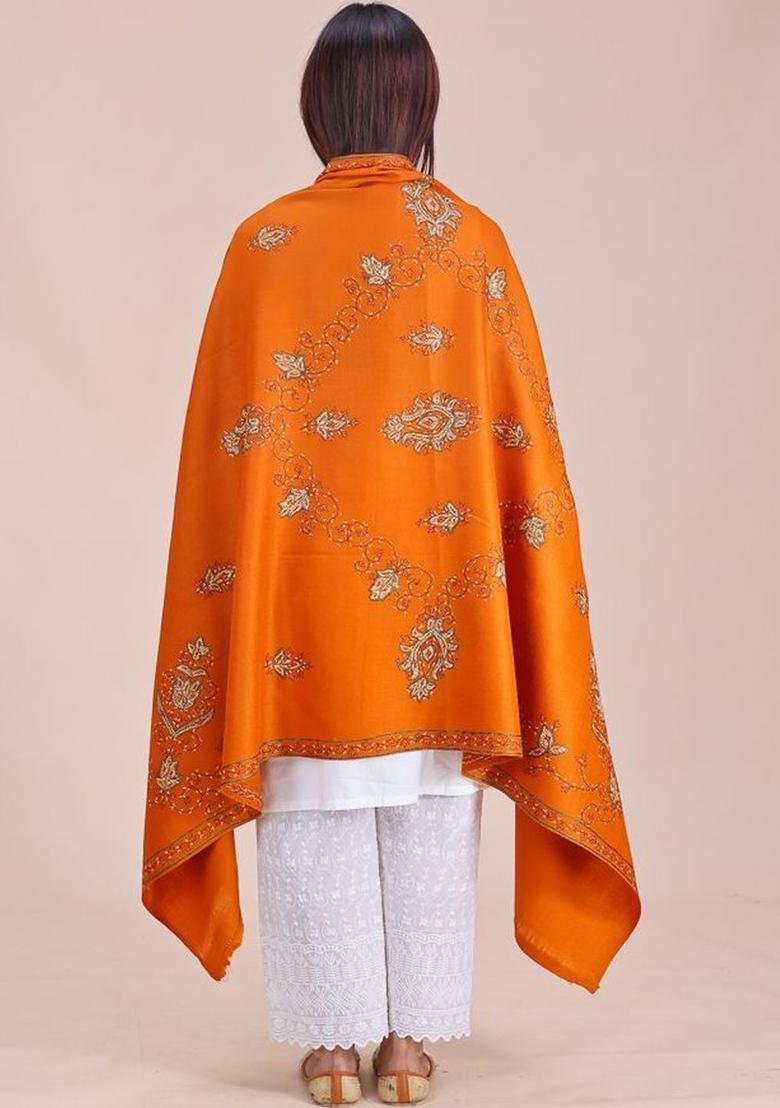 Rust Floral Woolen Shawls - Indya