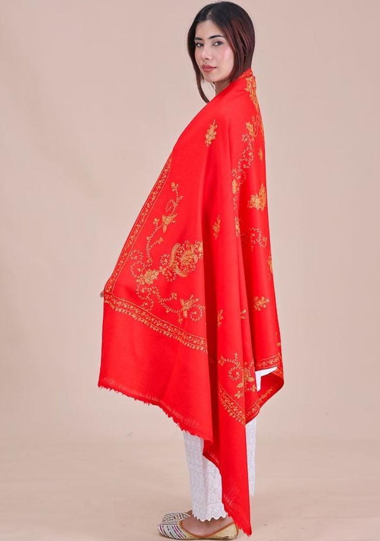 Red Floral Woolen Shawls - Indya