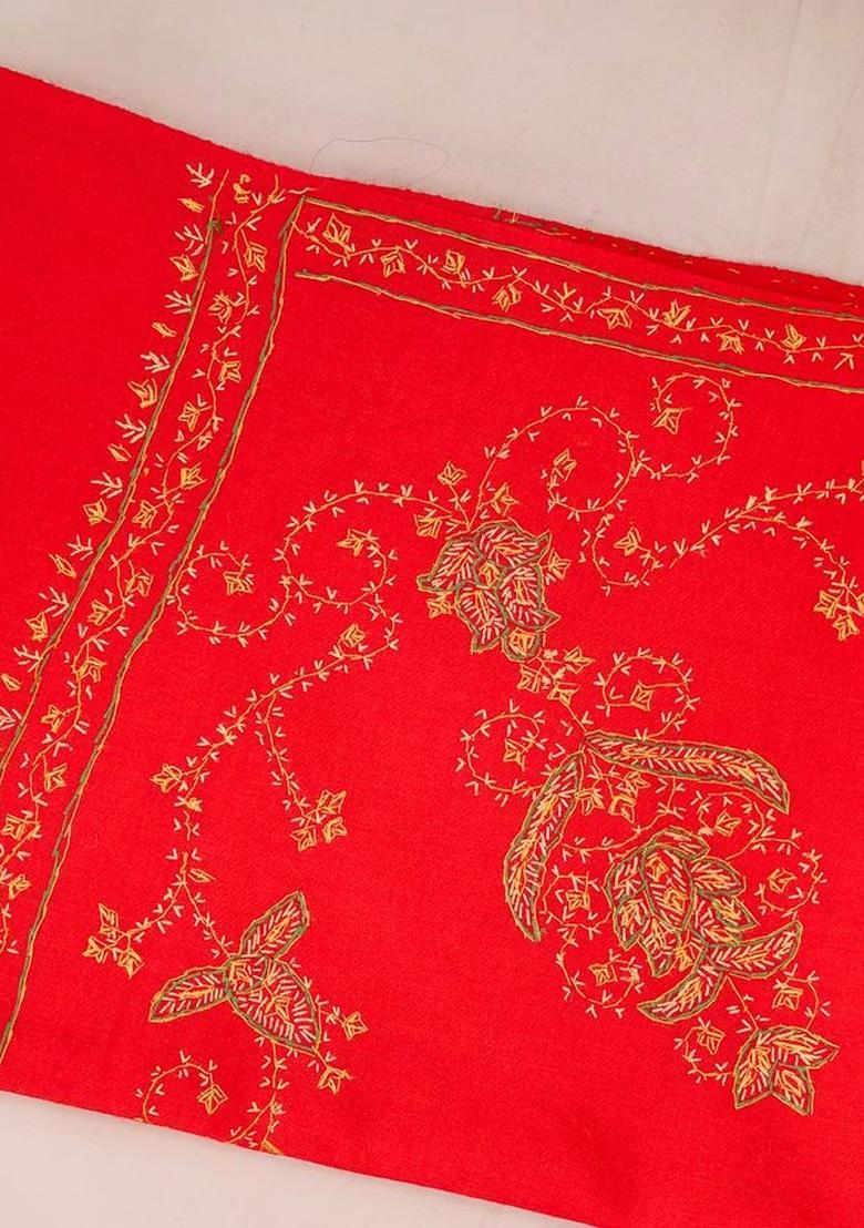 Red Floral Woolen Shawls - Indya