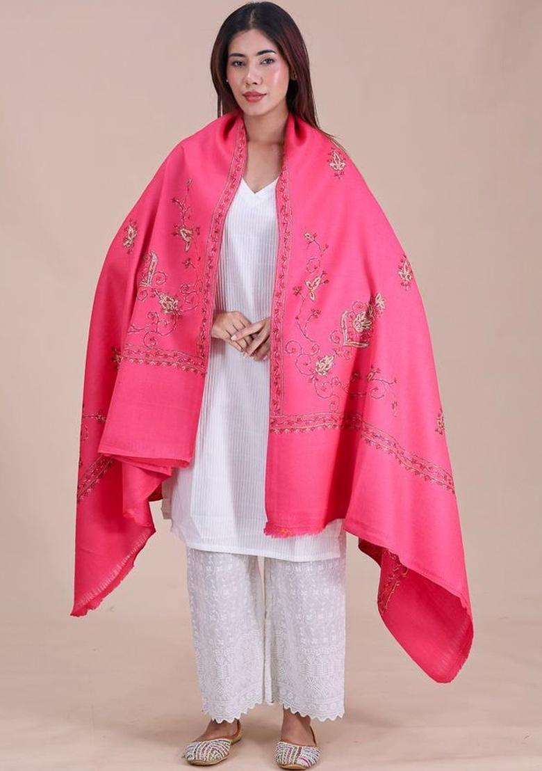 Pink Floral Woolen Shawls - Indya