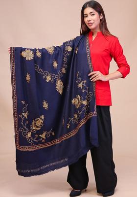 Navy Blue Floral Woolen Shawls