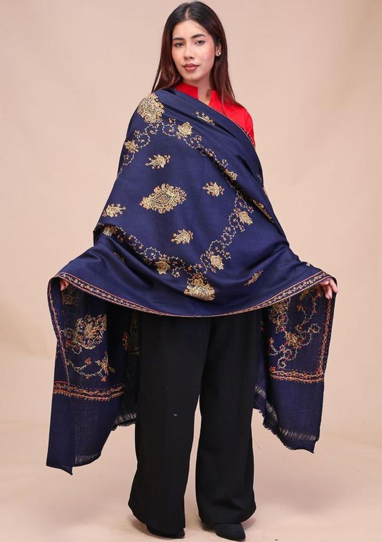 Navy Blue Floral Woolen Shawls - Indya