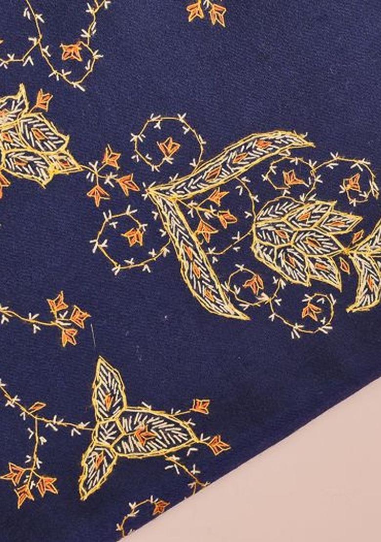 Navy Blue Floral Woolen Shawls - Indya