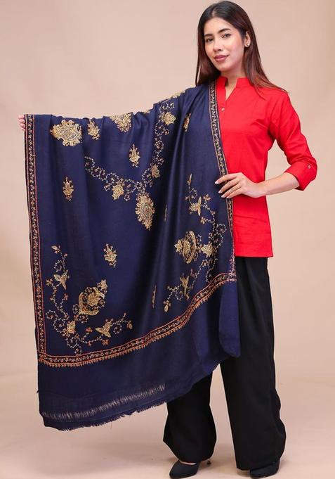 Navy Blue Floral Woolen Shawls