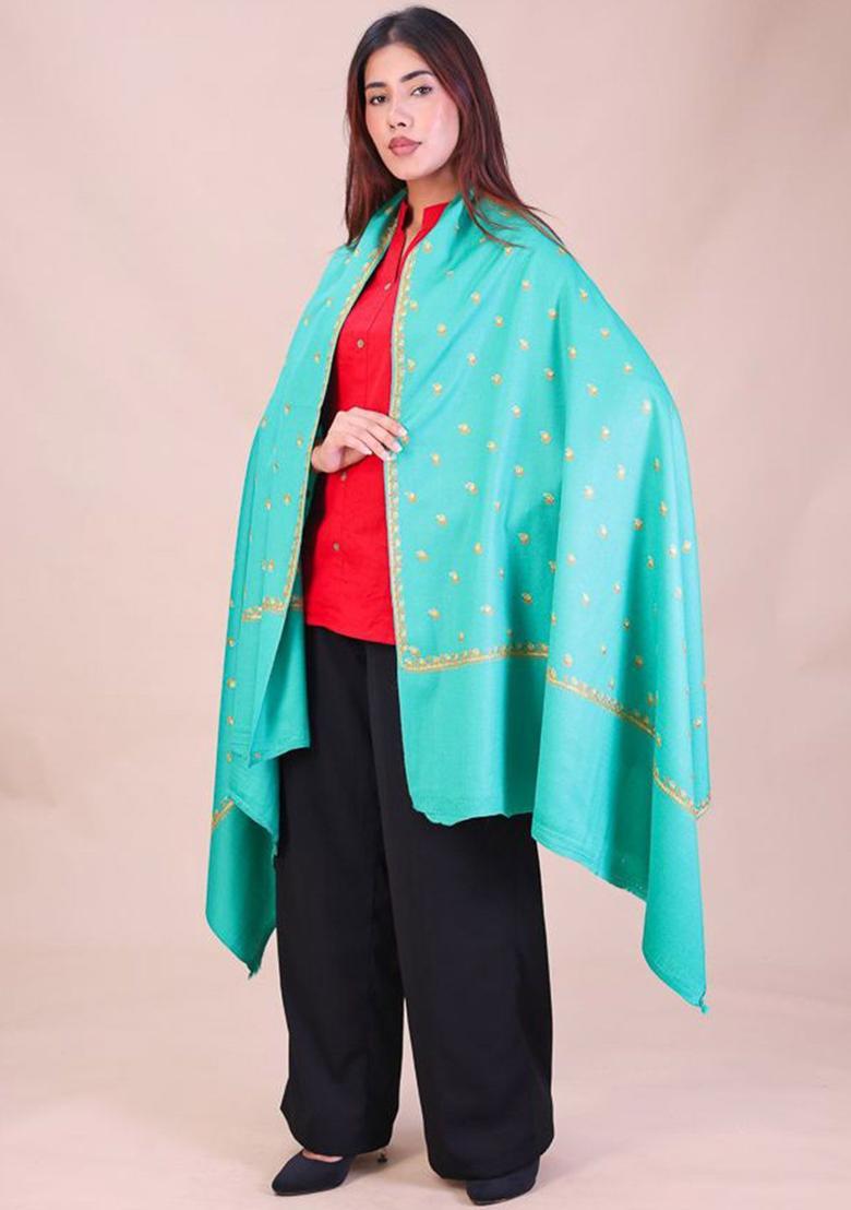 Sea Green Floral Woolen Shawls - Indya