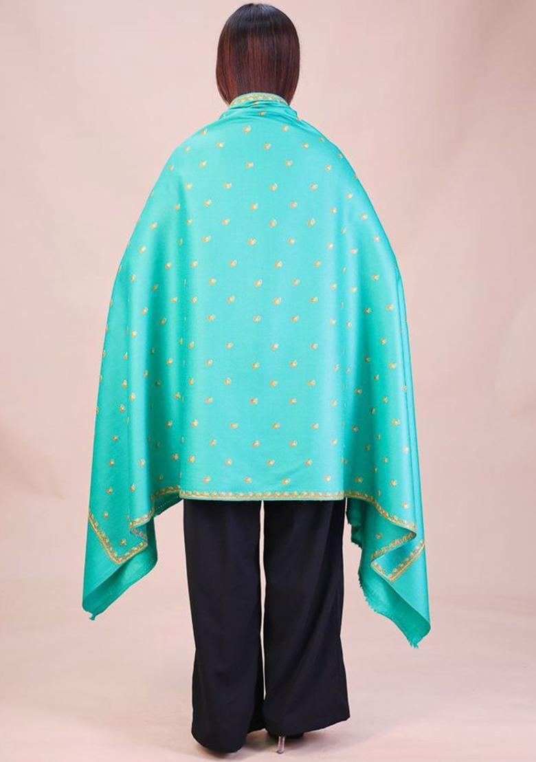 Sea Green Floral Woolen Shawls - Indya