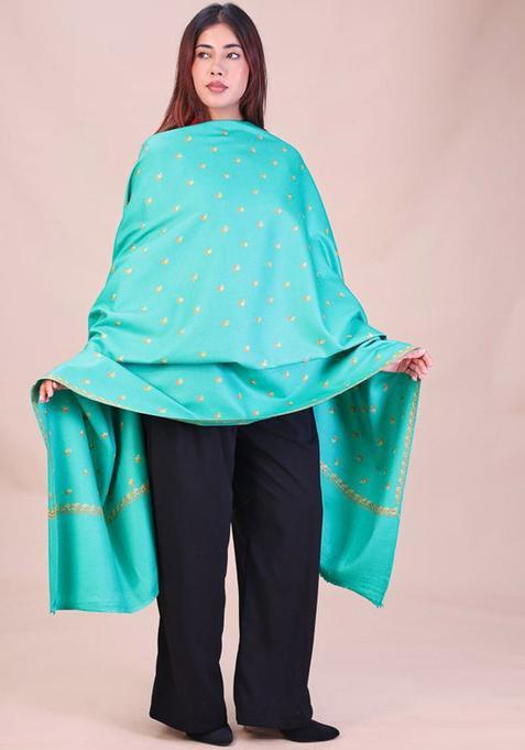Sea Green Floral Woolen Shawls