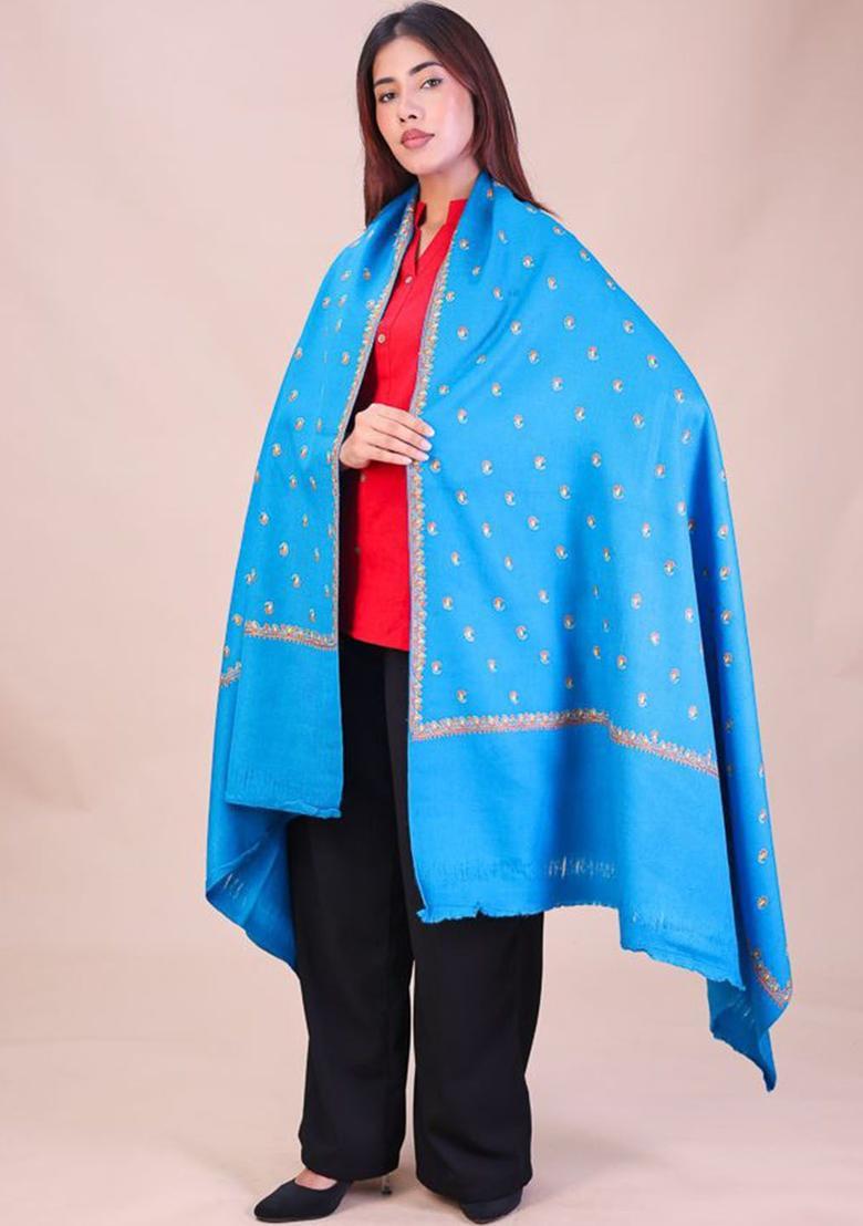 Turquoise Blue Paisley Woolen Shawls - Indya
