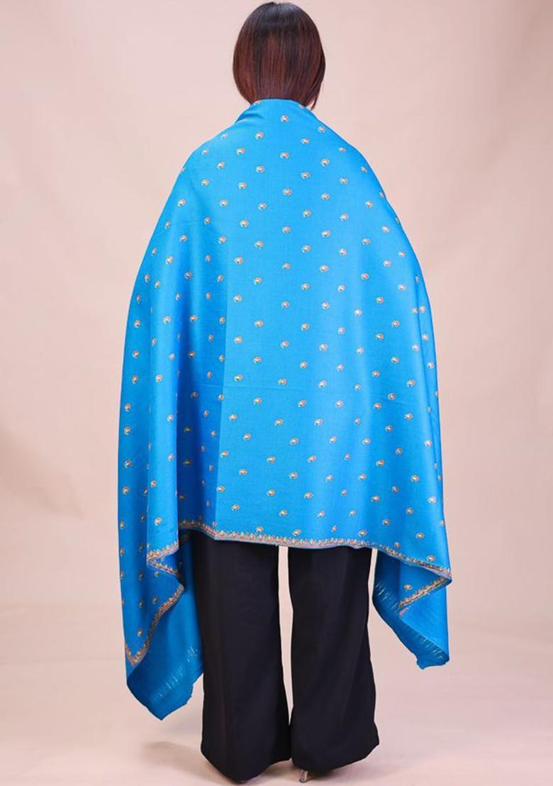 Turquoise Blue Paisley Woolen Shawls - Indya