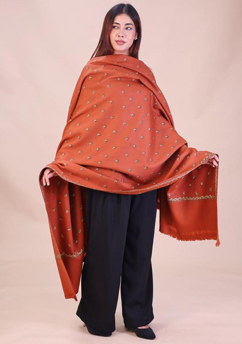 Rust Floral Woolen Shawls - Indya