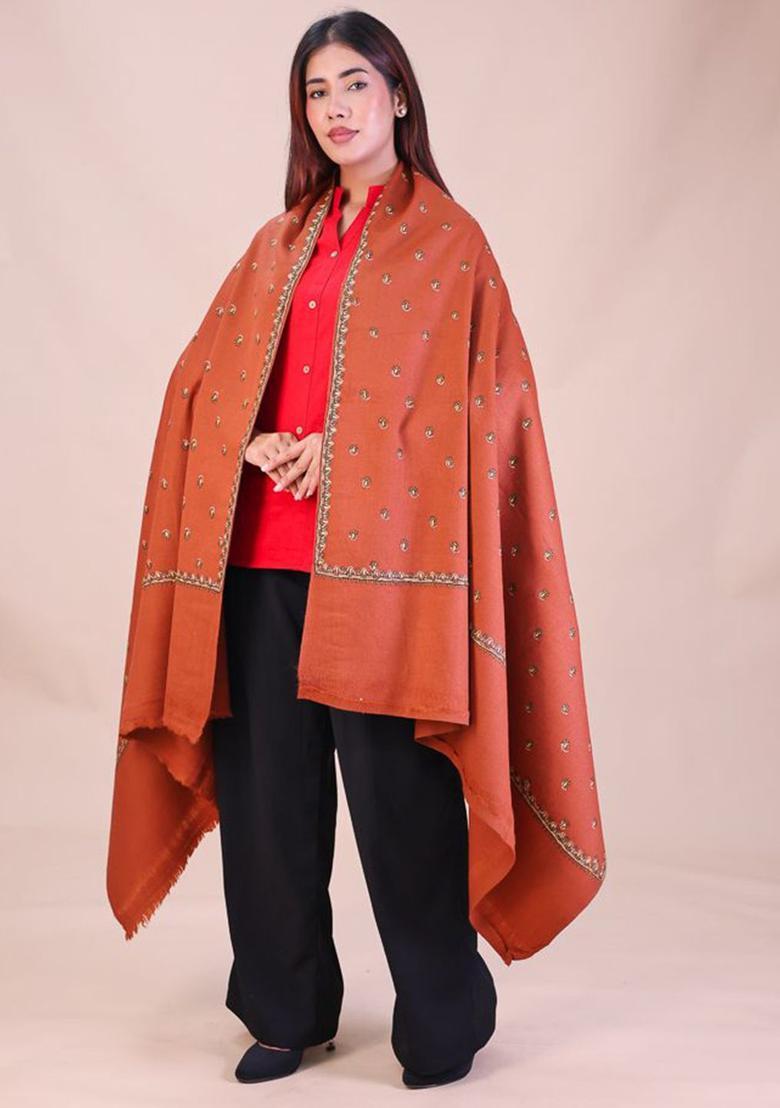 Rust Floral Woolen Shawls - Indya