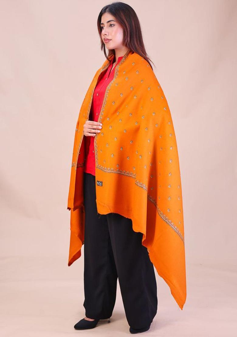 Mustard Floral Woolen Shawls - Indya