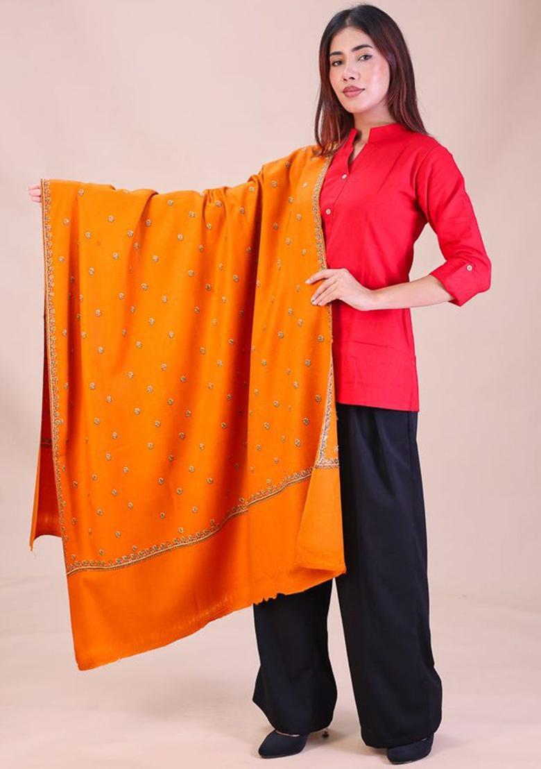 Mustard Floral Woolen Shawls - Indya
