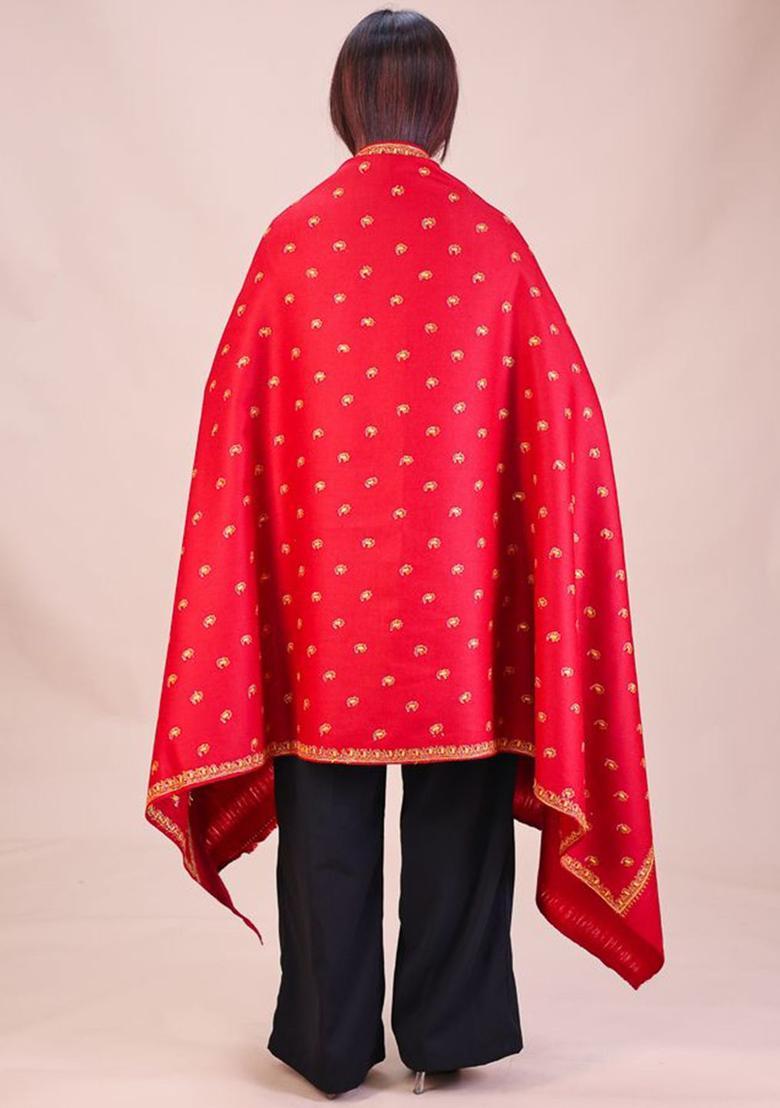 Maroon Floral Woolen Shawls - Indya