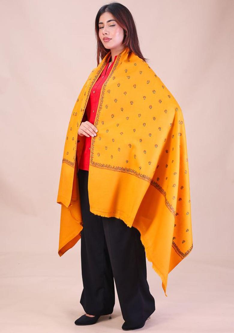 Mustard Floral Woolen Shawls - Indya