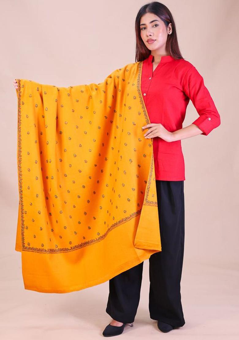 Mustard Floral Woolen Shawls - Indya