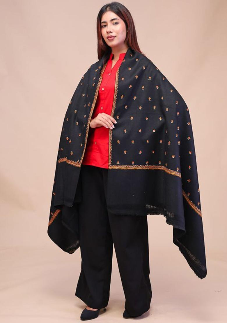 Black Floral Woolen Shawls - Indya