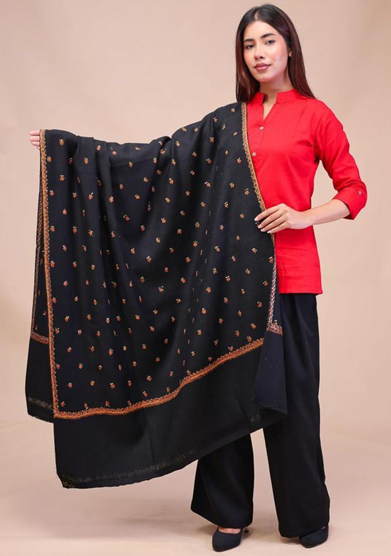 Black Floral Woolen Shawls - Indya