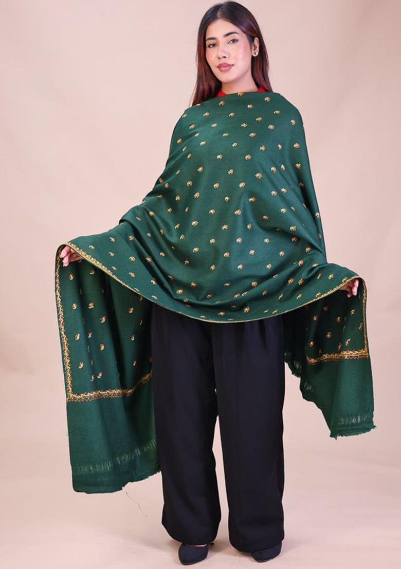 Green Floral Woolen Shawls - Indya