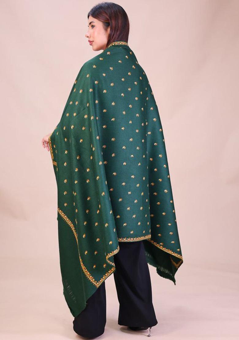 Green Floral Woolen Shawls - Indya