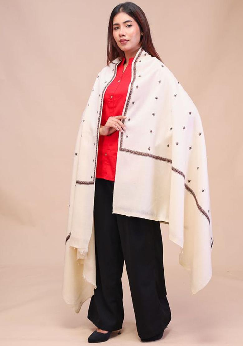 White Floral Woolen Shawls - Indya