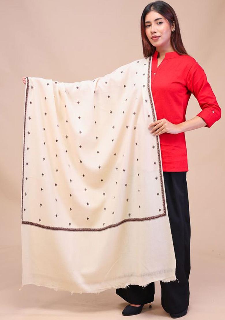 White Floral Woolen Shawls - Indya