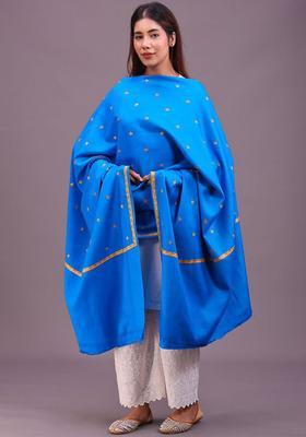 Turquoise Blue Floral Woolen Shawls