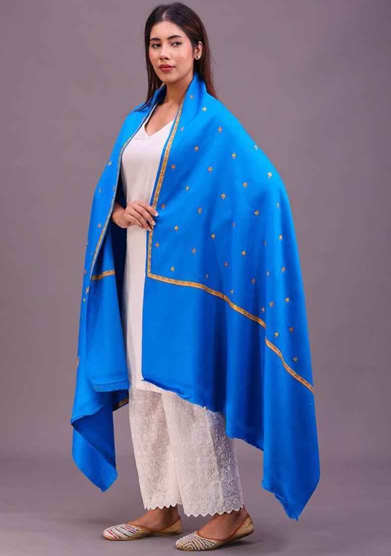 Turquoise Blue Floral Woolen Shawls - Indya