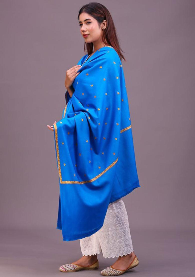 Turquoise Blue Floral Woolen Shawls - Indya