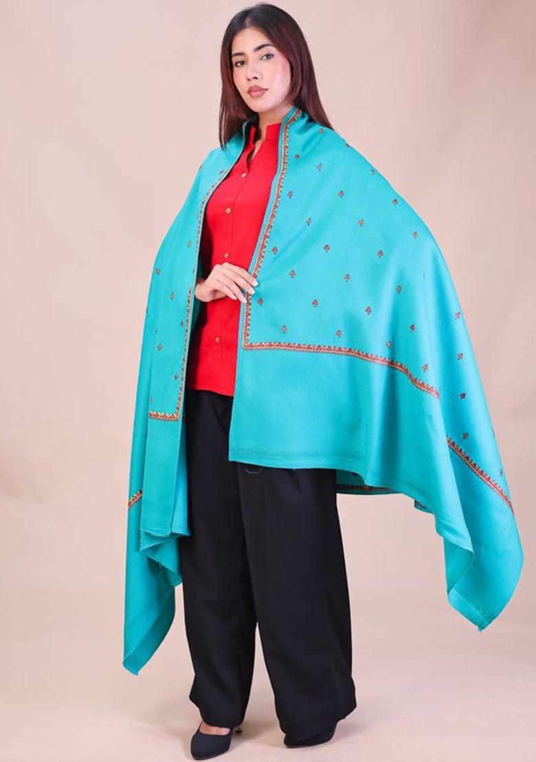 Sea Green Floral Woolen Shawls - Indya