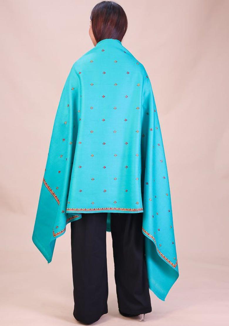 Sea Green Floral Woolen Shawls - Indya