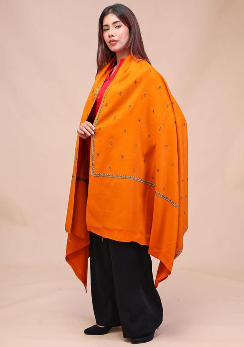 Rust Floral Woolen Shawls - Indya