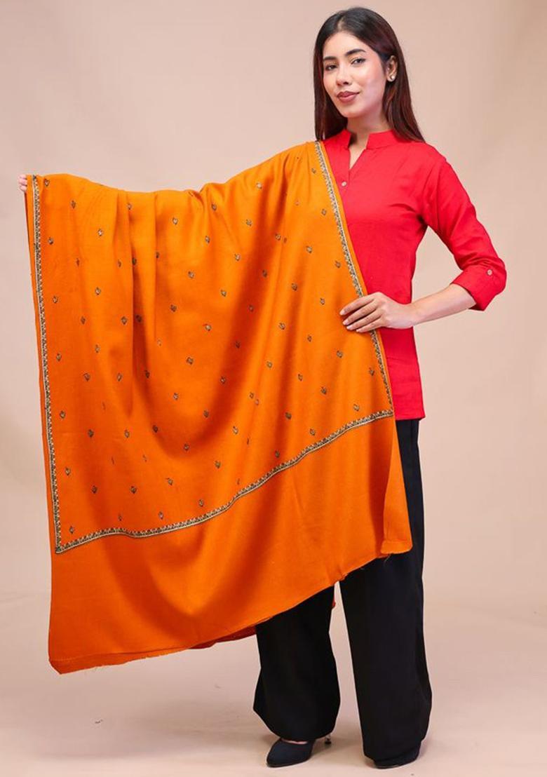 Rust Floral Woolen Shawls - Indya