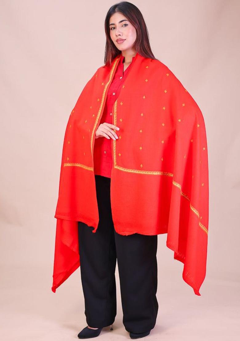 Red Floral Woolen Shawls - Indya