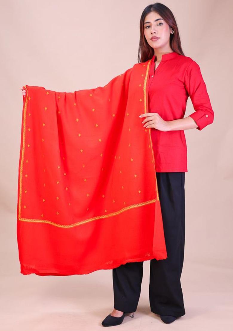 Red Floral Woolen Shawls - Indya